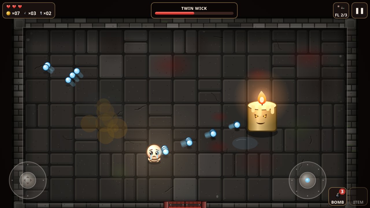 Boss fight against the Twin Wick, a living candle, with its health bar at the top