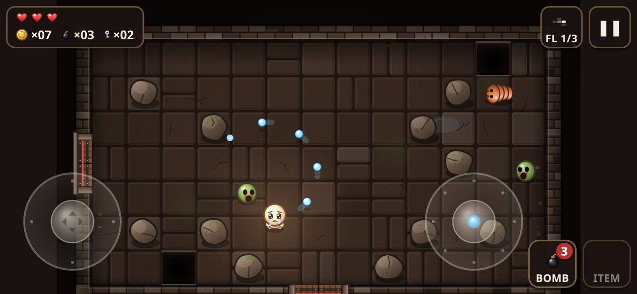 The game on a phone in landscape, with move and fire thumbsticks on each side