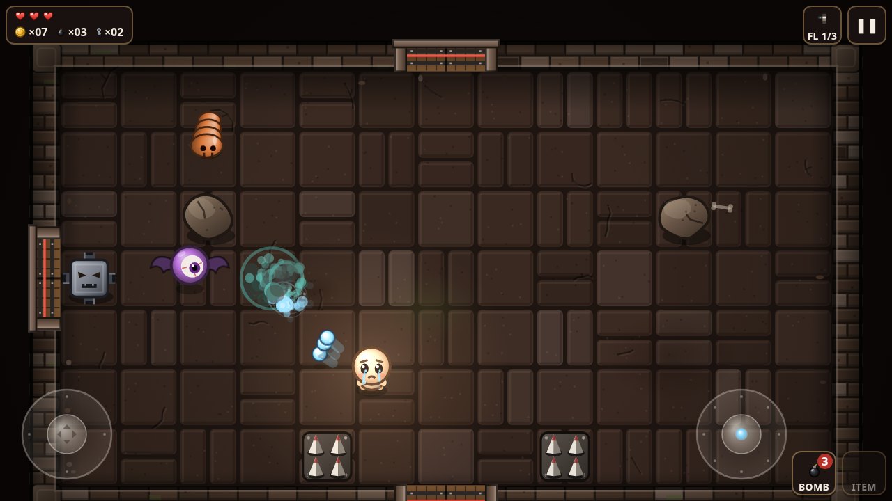 A cellar room full of monsters, with triple homing tears flying toward them