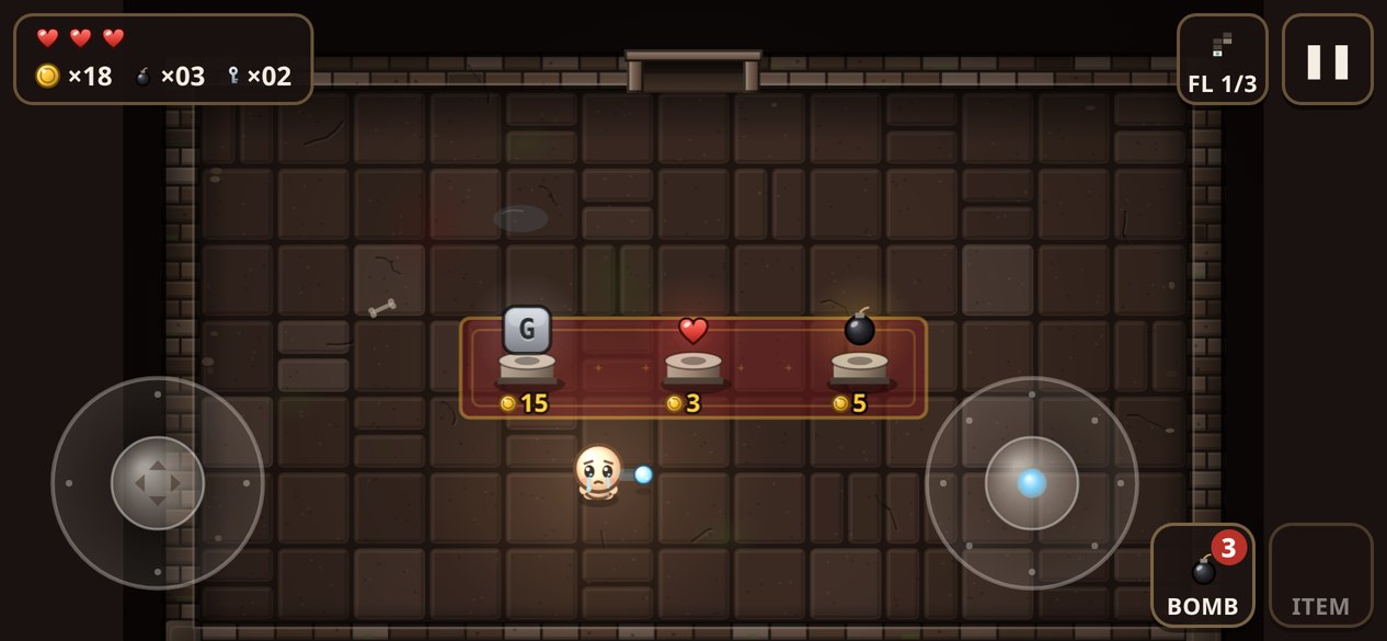 The shop, selling an item, a heart and a bomb for coins