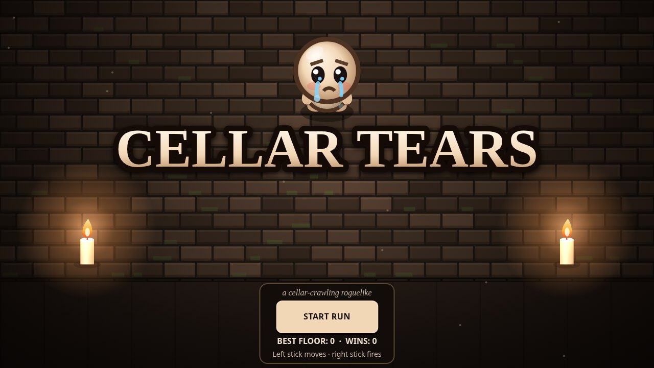 Cellar Tears title screen: the crying kid above the game's name, between two lit candles
