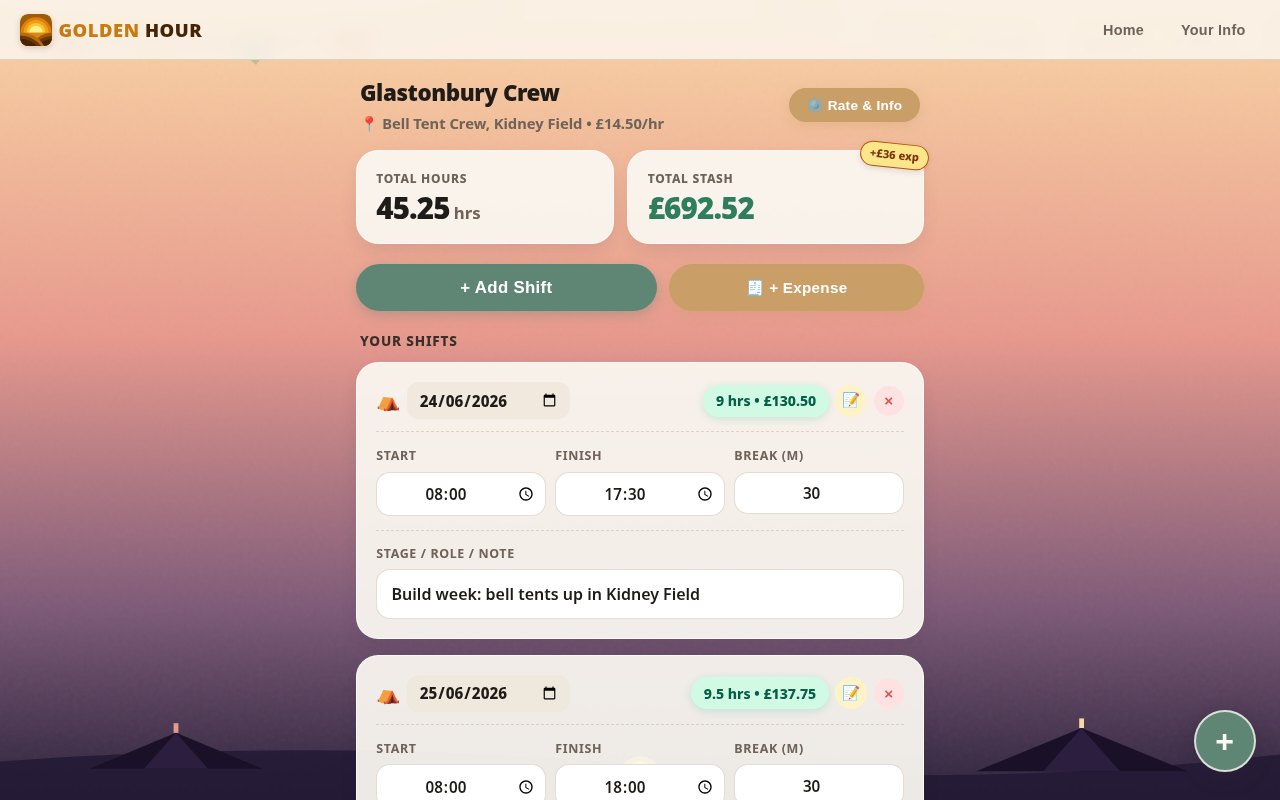 Golden Hour open in a desktop browser showing a gig's totals and shifts