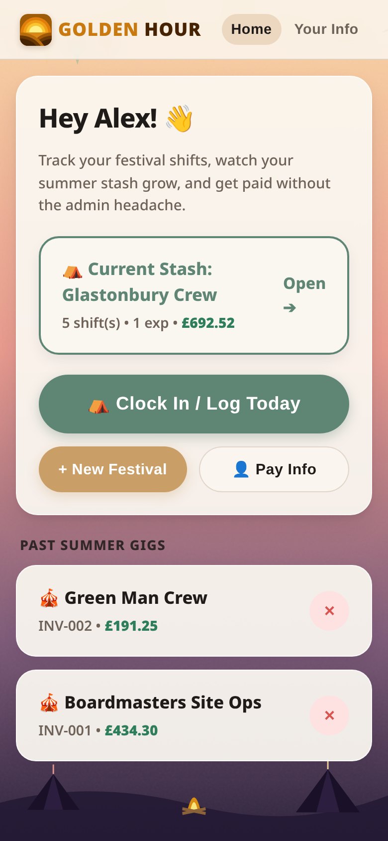 Golden Hour home screen with the current stash, a Clock In button and past summer gigs