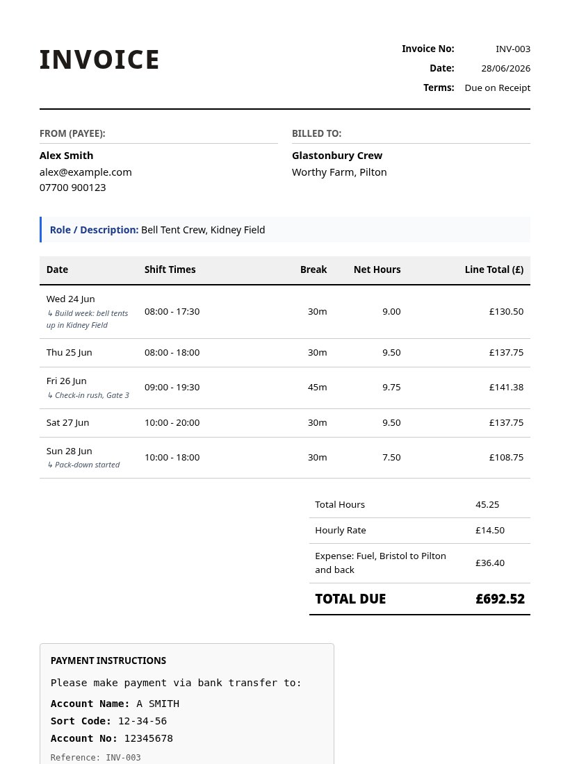 A printed Golden Hour invoice for Glastonbury Crew with five shifts, a fuel expense and a total due of £692.52