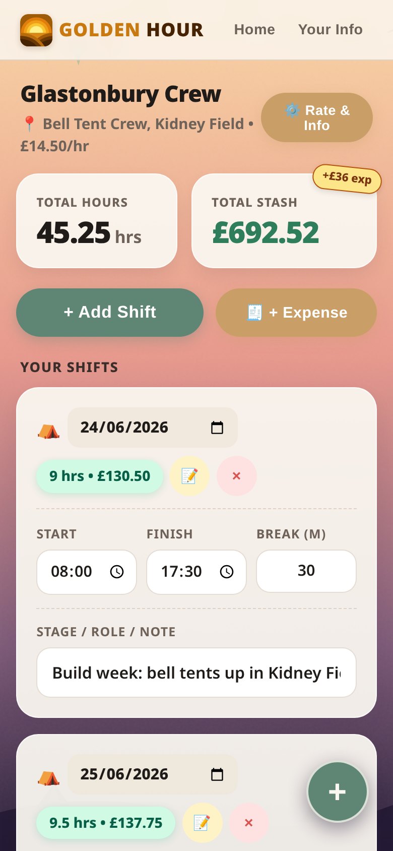 A Glastonbury Crew gig showing 45.25 total hours, £692.52 total stash and a list of shifts