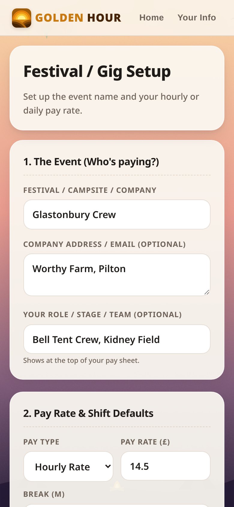 The Festival / Gig Setup screen with event name, address and role fields