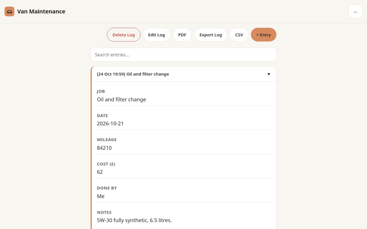 Recordly on a computer: a Van Maintenance entry with job, date, mileage, cost, garage and notes, and buttons for PDF, Export Log and CSV
