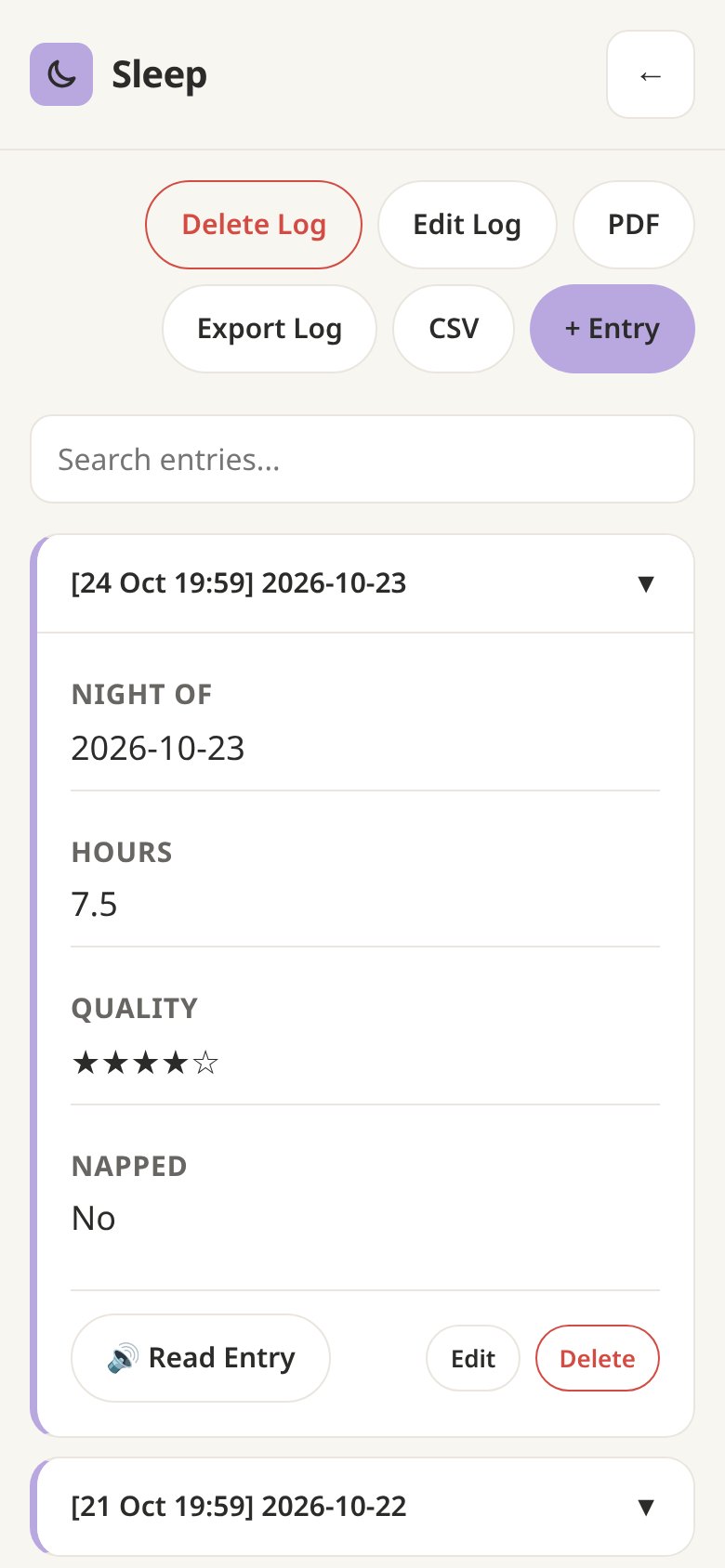 An open Sleep entry showing hours, a four-star quality rating and a Read Entry button