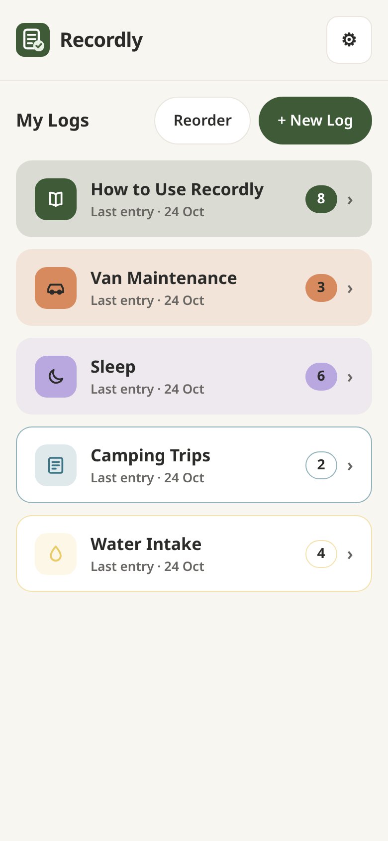 Recordly home screen with colour-coded logs: Van Maintenance, Sleep, Camping Trips and Water Intake