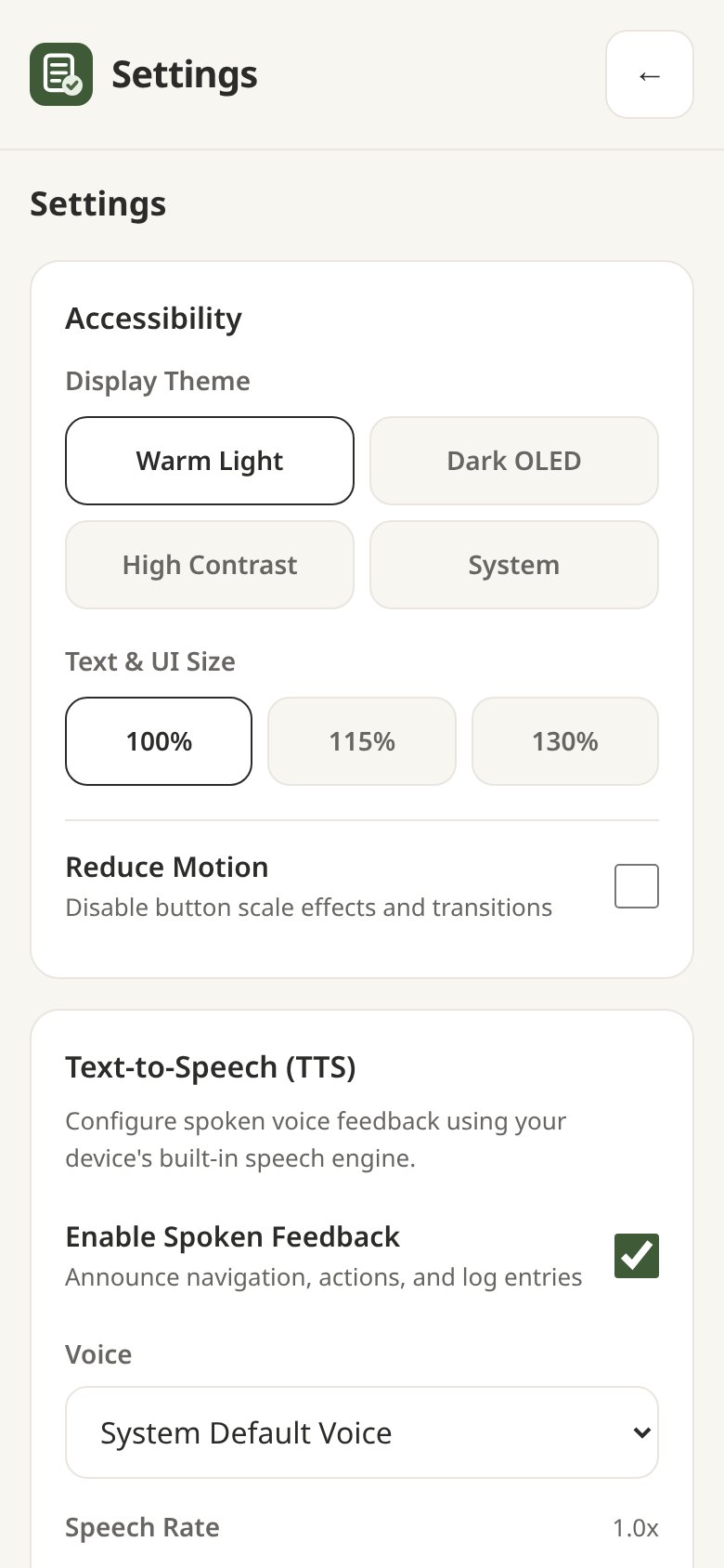 Settings with theme, text size, reduce motion and text-to-speech options