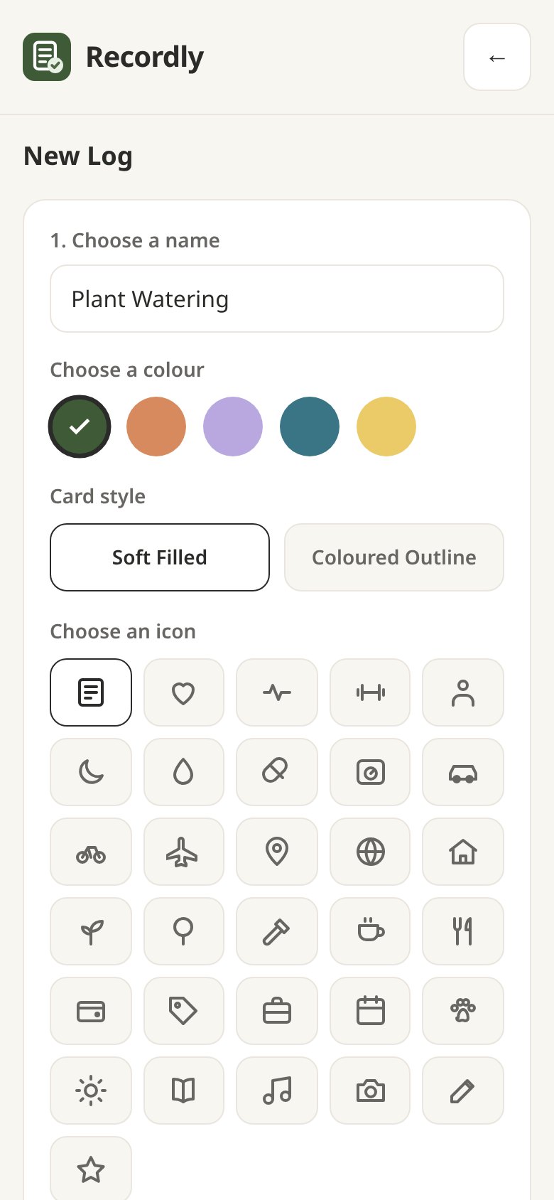 The New Log screen with a name, five colour swatches, card styles and a grid of icons